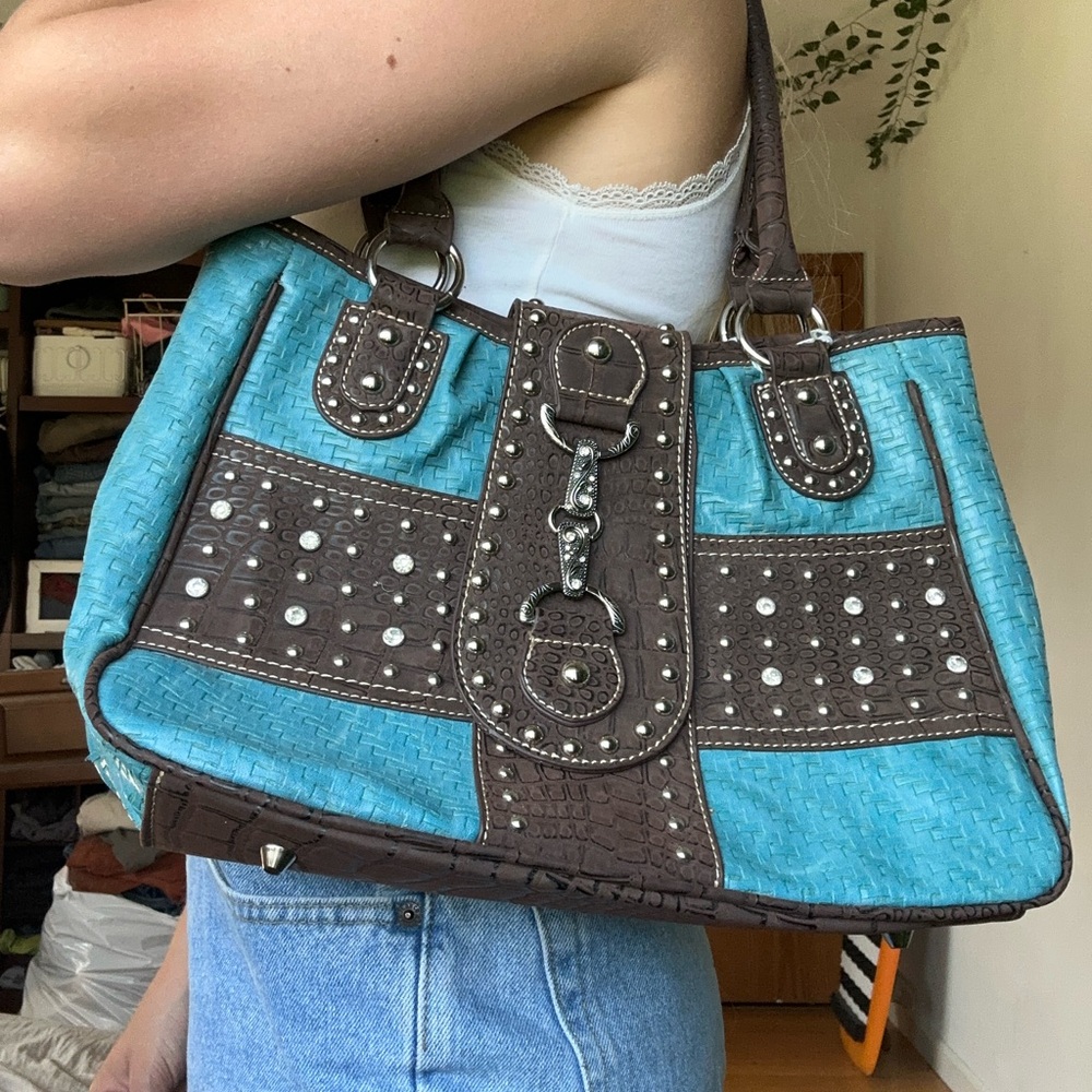 Blue and Brown Western Shoulder Bag with Studs